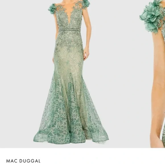 green emerald velvet dress Mac Duggal Women's Ruffle Shoulder V-Neck Gown - Emerald main image 0